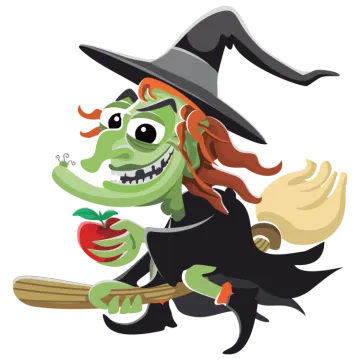 a witch riding on a broom with an apple