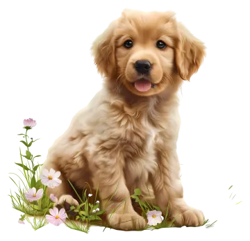 a puppy is sitting in the grass and flowers
