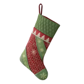 a green and red christmas stocking hanging on a white background