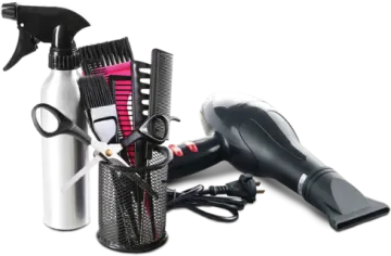 a hair dryer and combs on a white background