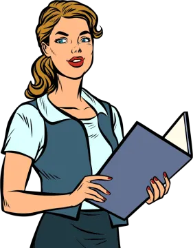 a woman in an apron holding a folder