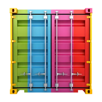 two colorful shipping containers with metal handles