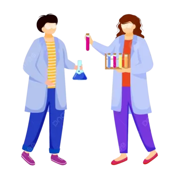 two people in lab coats, one holding a test tube