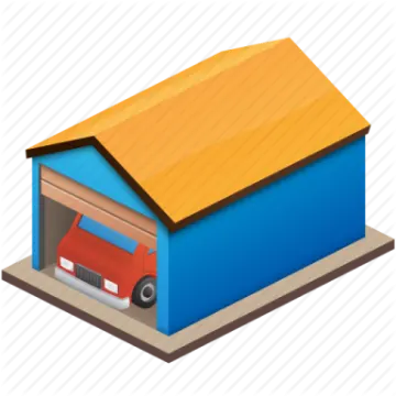 a blue garage with a red car inside