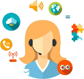 a woman wearing a headset with icons around her