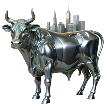 a bull statue in front of a city skyline