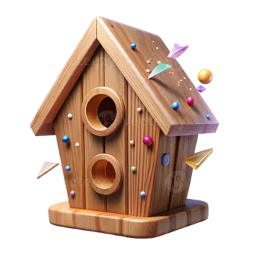 a wooden birdhouse with colorful balls around it