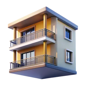 a three story apartment building with bales on the second floor
