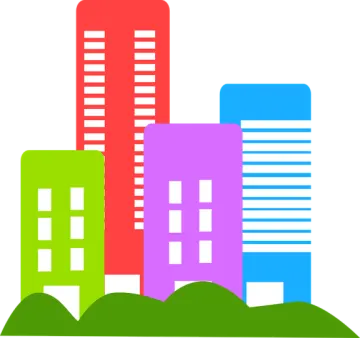 two buildings with trees in front of them