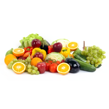a pile of fruits and vegetables on a white background