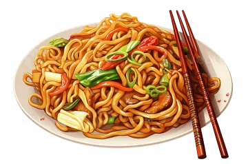 a plate of noodles and chops on a white background
