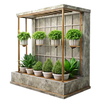 an outdoor planter with pots and plants on it
