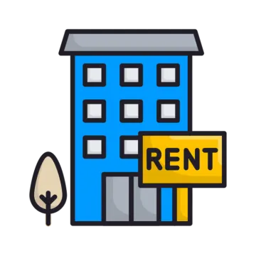a blue building with a sign that says rent