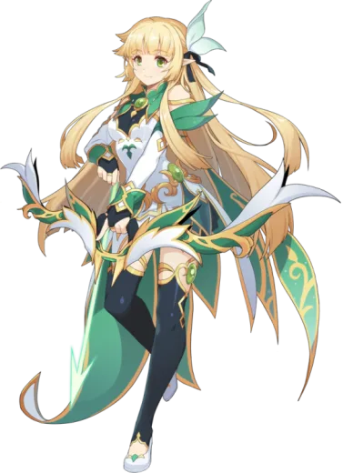 an anime character with long blonde hair, wearing a green and white outfit