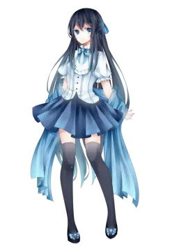 an anime girl with long black hair wearing a white shirt and blue skirt