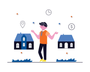 a man standing in front of two houses