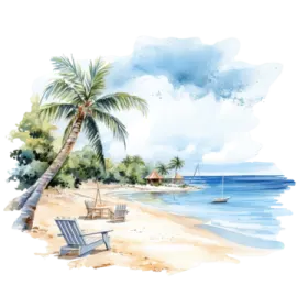 a painting of a beach with chairs and palm trees