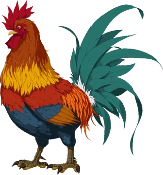 a rooster with red and yellow feathers