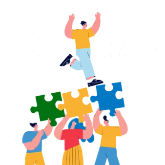 a group of people holding up puzzles