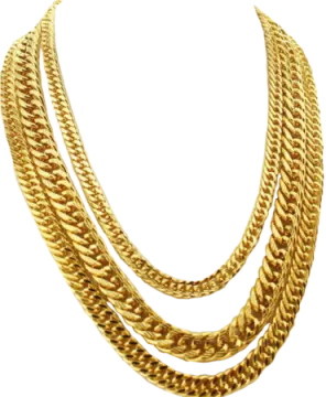 a gold necklace on a white background