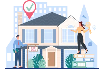 two people standing in front of a house with a for sale sign
