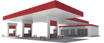 a gas station with red and white paint