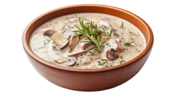 a wooden bowl filled with mushroom soup