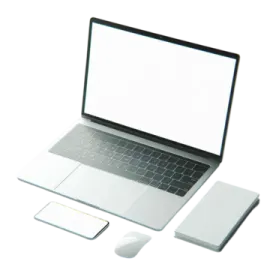 a laptop and mouse on a white surface