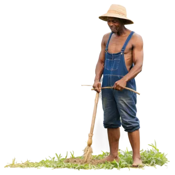 a man in overalls and a straw hat holding a broom