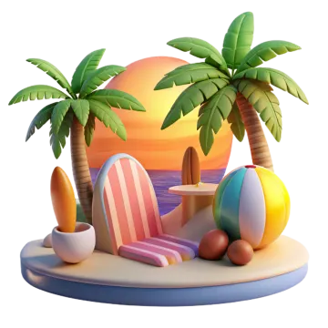 a beach scene with palm trees and chairs