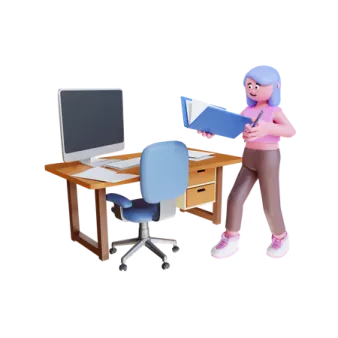a woman standing in front of a computer