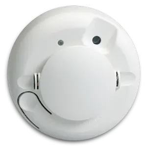 a white smoke detector with the light on it