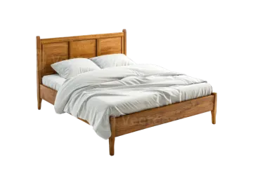 a wooden bed with white sheets and pillows