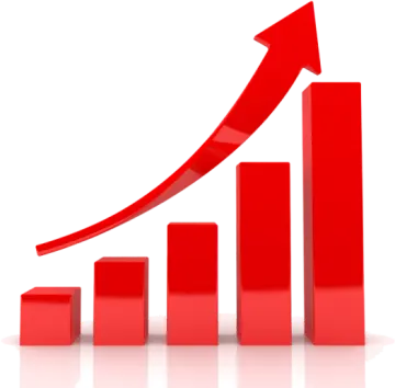 a red bar chart with an arrow pointing upward