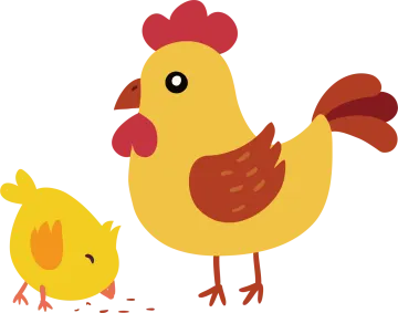 a yellow chicken and a red chick