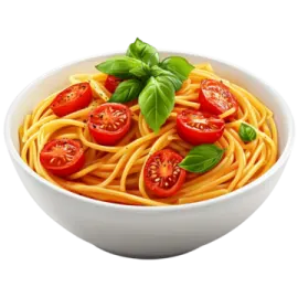 a bowl of spaghetti with tomatoes and basil