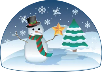a snowman with a christmas tree in the background