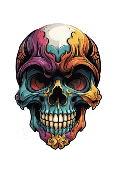 a colorful skull with flames on its head