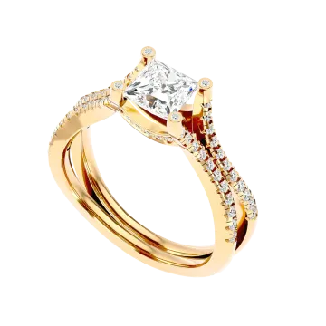 a yellow gold engagement ring with a princess cut diamond