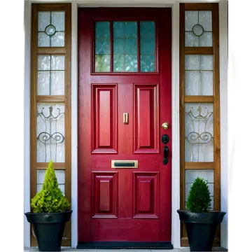 a red front door with two potted plants