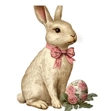 a white rabbit sitting next to a pink rose