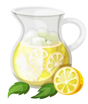 a pitcher of lemon tea with slices and leaves