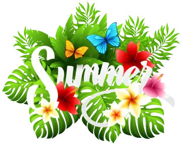 the word summer surrounded by tropical leaves and flowers