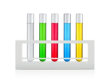 three test tubes with colorful liquids on white background