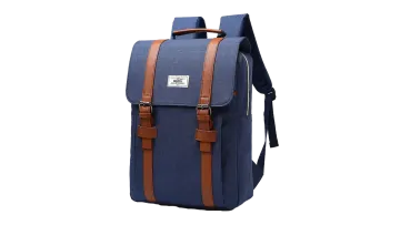 a blue backpack with brown leather straps