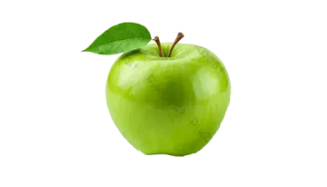 a green apple with a leaf on it