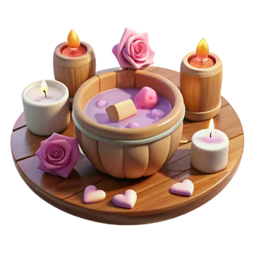 a wooden tray with candles and flowers