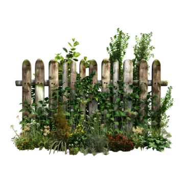 a wooden fence surrounded by plants and flowers