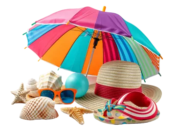 a variety of beach accessories including an umbrella, sun hat, sunglasses and flip flops