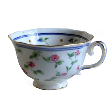 a white and blue cup with flowers on it